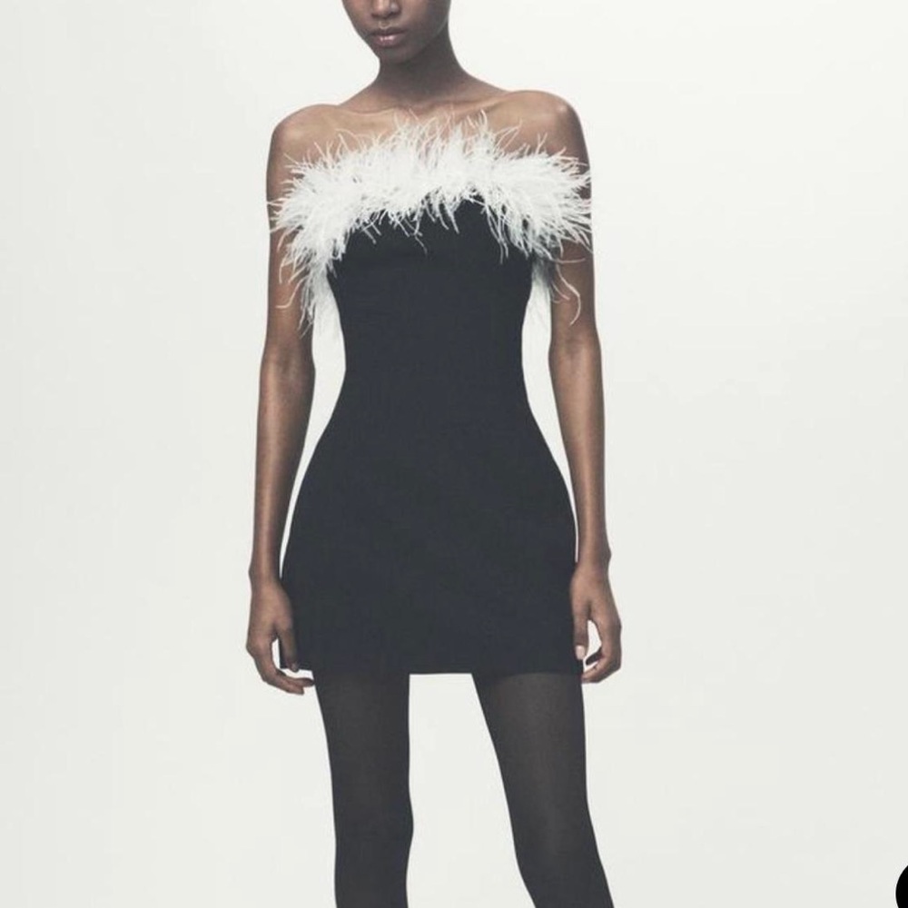 Zara mini black dress with feather 
Size XS